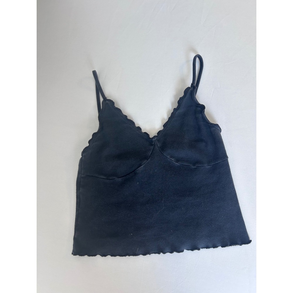 Brandy Melville Camisole Top Women One Size Black Lettuce Trim Cotton V-Neck